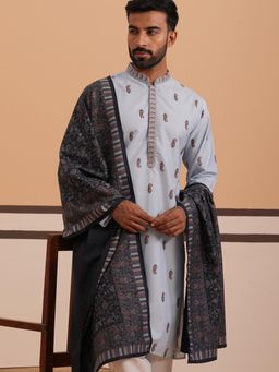 Jompers - Men Blue Cotton Mandarin Neck Paisley Kurta with Dupatta