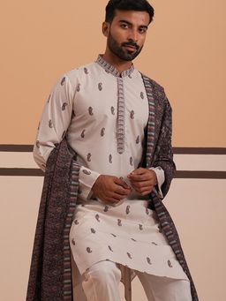 Jompers - Men Cream Cotton Mandarin Neck Paisley Kurta with Dupatta