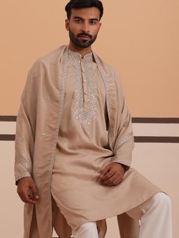 Jompers - Men Beige Silk Mandarin Neck Embroidered Kurta with Dupatta