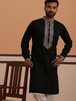 Jompers - Men Black Silk Mandarin Neck Embroidered Kurta with Dupatta