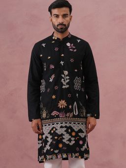 Jompers - Men Black Silk Mandarin Neck Floral Kurta