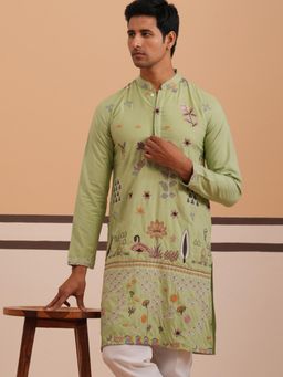 Jompers - Men Green Silk Mandarin Neck Floral Kurta