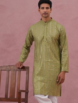 Jompers - Men Olive Silk Mandarin Neck Embroidered Kurta