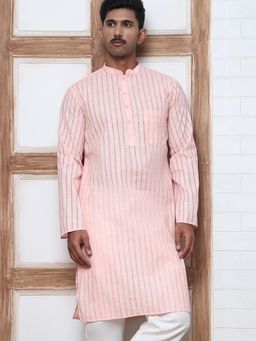 Jompers - Men Peach Cotton Mandarin Neck Stripes Kurta