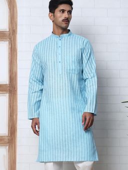 Jompers - Men Blue Cotton Mandarin Neck Stripes Kurta