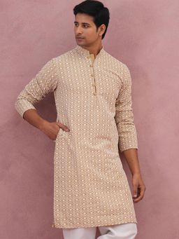 Jompers - Men Beige Cotton Mandarin Neck Floral Kurta