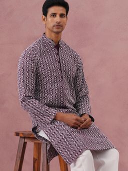 Jompers - Men Purple Cotton Mandarin Neck Floral Kurta
