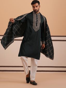 Jompers - Men Olive Silk Mandarin Neck Embroidered Kurta with Dupatta