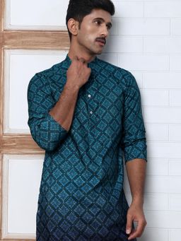 Jompers - Men Blue Cotton Mandarin Neck Ombre Kurta