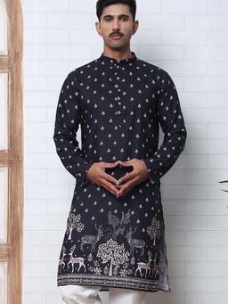 Jompers - Men Black Cotton Mandarin Neck Printed Kurta