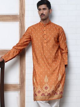 Jompers - Men Orange Cotton Mandarin Neck Printed Kurta