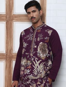 Jompers - Men Purple Silk Mandarin Neck Floral Kurta
