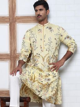 Jompers - Men Yellow Silk Mandarin Neck Floral Kurta