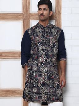 Jompers - Men Navy Blue Silk Mandarin Neck Embroidered Kurta