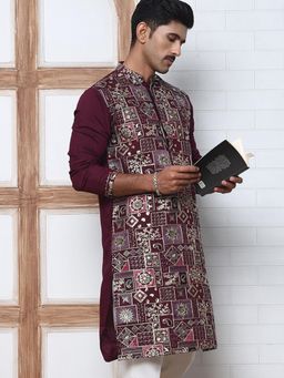 Jompers - Men Wine Silk Mandarin Neck Embroidered Kurta