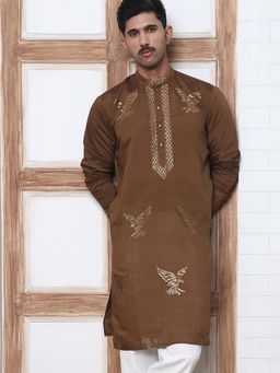 Jompers - Men Brown Silk Mandarin Neck Embroidered Kurta