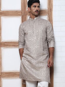 Jompers - Men Grey Silk Mandarin Neck Embroidered Kurta