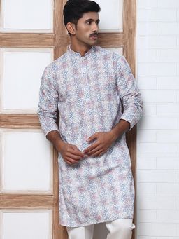 Jompers - Men Blue Cotton Mandarin Neck Floral Kurta