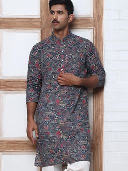 Jompers - Men Grey Cotton Mandarin Neck Embroidered Kurta