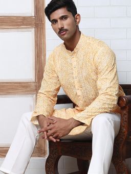 Jompers - Men Orange Cotton Mandarin Neck Embroidered Kurta