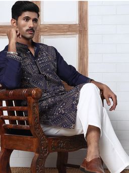 Jompers - Men Navy Blue Silk Mandarin Neck Embroidered Kurta