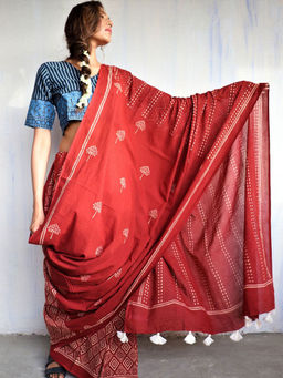 Chidiyaa - God Marron Blockprinted Cotton Mul Saree