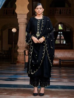 Jaipur Kurti - Women Black Silk Kurta With Palazzo And Dupatta (Set of 3)