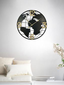 At Home by Nilkamal - World Map Wall Clock -Black & Gold