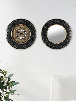 At Home by Nilkamal - Wall Clock & Mirror combo| Size - 40.7 cm| Set of 1 Clock & Mirror| Black