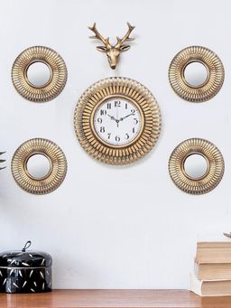 At Home by Nilkamal - Wall Clock, Mirror & Stag Combo| Size - 98 cm x 77 cm| Set of 3| Gold