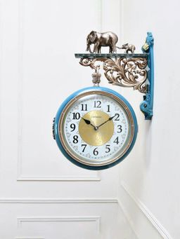 At Home by Nilkamal - Antique Station Wall Clock|Size - 44 cm x 64 cm|Blue & Gold