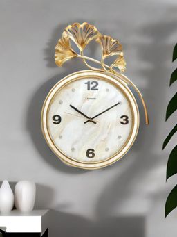At Home by Nilkamal - Ginkgo Leaf Wall Clock|Size - 36 cm x 52.5 cm|Gold