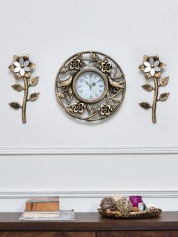 At Home by Nilkamal - Floral Delite Wall Clock Combo Set of 3 -Gold