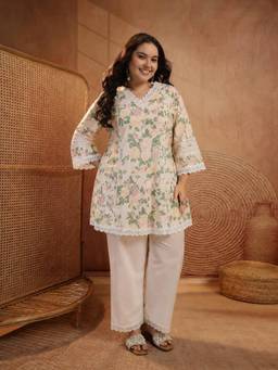 Stylum - Women Peach Floral Pure Cotton Kurti with Pant