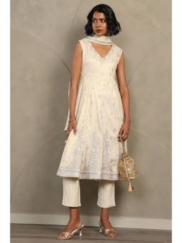 Soch - Beige Embroidered Tissue Kurta and Unstitched Sleeves, Pant with Dupatta
