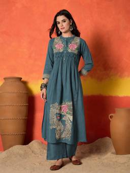 Stylum - Women Blue Floral Cotton Blend Kurta with Pant