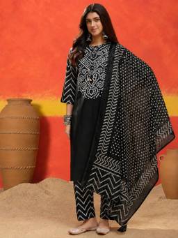 Stylum - Women Black Polka Dots Pure Cotton Kurta and Pant with Dupatta