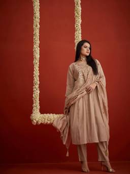 Stylum - Women Cream Embroidered Chanderi Silk Kurta and Pant with Dupatta