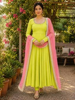 Stylum - Green Solid/Plain Viscose Rayon Anarkali Kurta and Pant with Dupatta