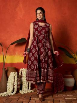 Stylum - Maroon Embellished/Sequined Viscose Rayon Anarkali Kurta and Pant with Dupatta
