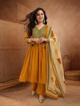 Stylum - Women Mustard Solid/Plain Pure Cotton Kurta and Pant with Dupatta