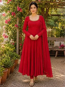 Stylum - Women Red Solid/Plain Viscose Rayon Anarkali Kurta and Pant with Dupatta