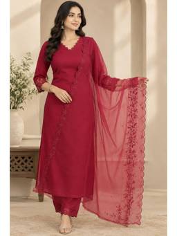 Stylum - Women Red Solid/Plain Silk Kurta and Pant with Dupatta