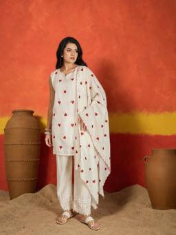 Stylum - Women White Embroidered Poly Silk Kurti and Pant with Dupatta