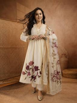 Stylum - Women Wine Floral Viscose Rayon Anarkali Kurta and Pant with Dupatta