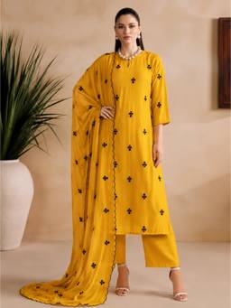 Stylum - Women Yellow Embroidered Poly Silk Kurta and Pant with Dupatta