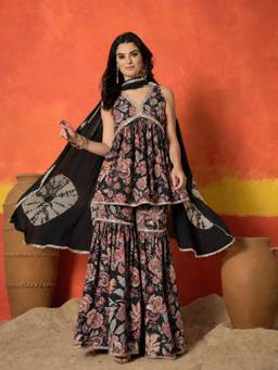Stylum - Women Black Floral Pure Cotton Kurti and Sharara with Dupatta