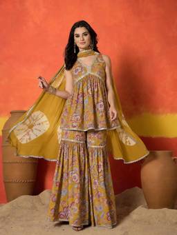 Stylum - Women Mustard Floral Pure Cotton Kurti and Sharara with Dupatta