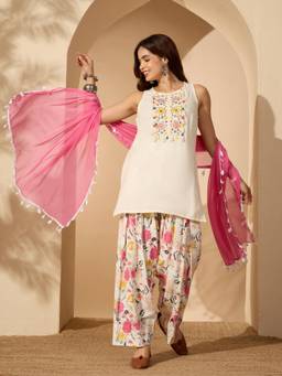Stylum - Women White Floral Pure Cotton Kurti with Salwar