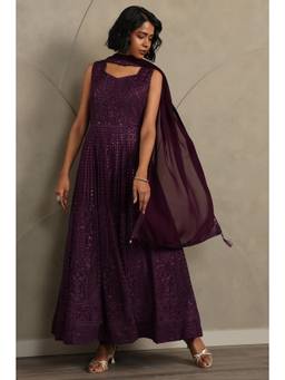 Soch - Wine Georgette Anarkali Kurta and Unstitched Sleeves, Churidar with Dupatta